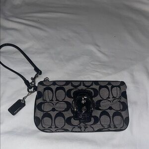 Coach Signature Logo Jacaranda Black/Grey Cotton Leather Silver Buckle Wristlet